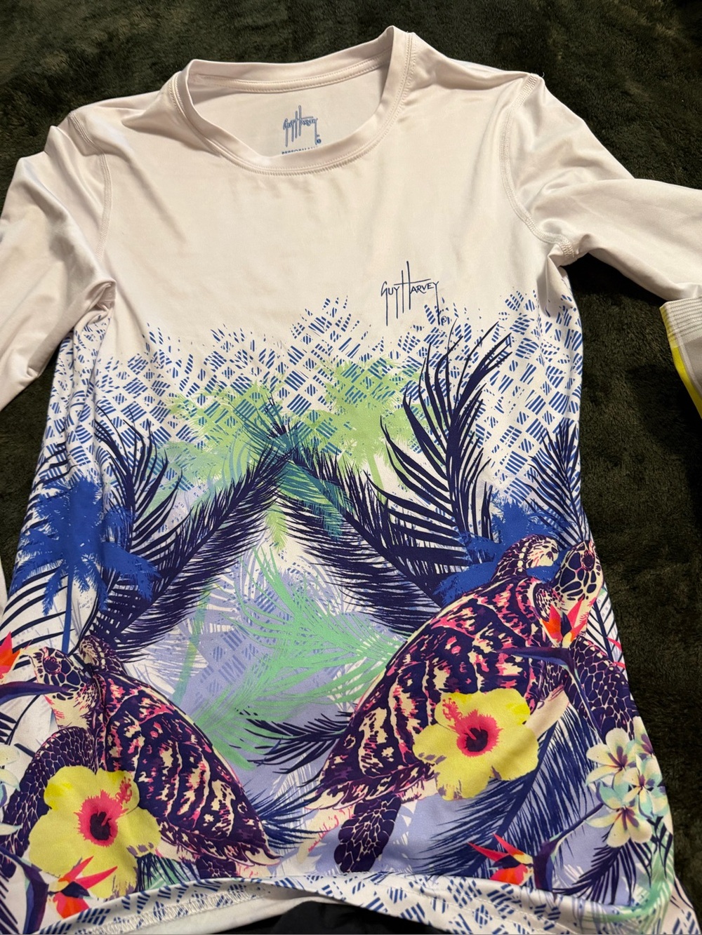 Guy Harvey White Blue Green Tropical Sea Turtle Graphic Long Sleeve Shirt